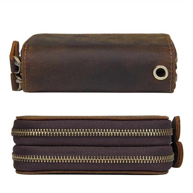 Double Zipper Crazy Horse Leather Retro Card Case First Layer Cowhide Coin Purse Car Key Keychain Holder with Hand Strap