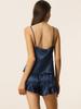 Cheibear Satin Pajama Sleep and Storage Soft Navy Size XS Women's 5-Piece Set, Cami, Shorts, Pants, Sleepwear, Mask, Bag, Ruffles, Blue,