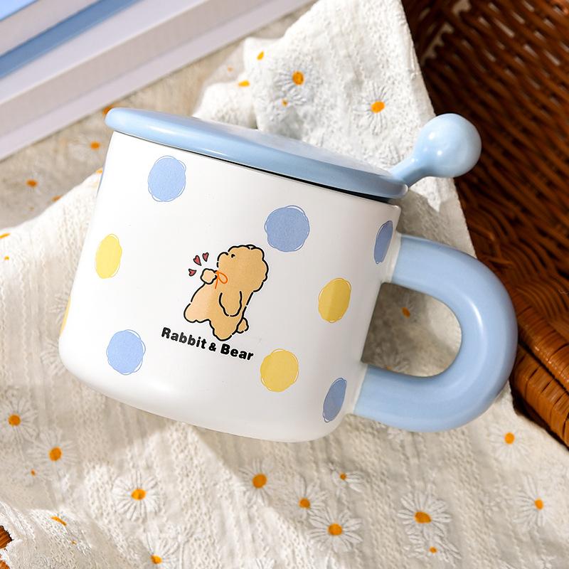 Cute Style Couple Water Cup Breakfast Cup Cartoon Blue Mug with Lid Ceramic Cup with Mixing Spoon