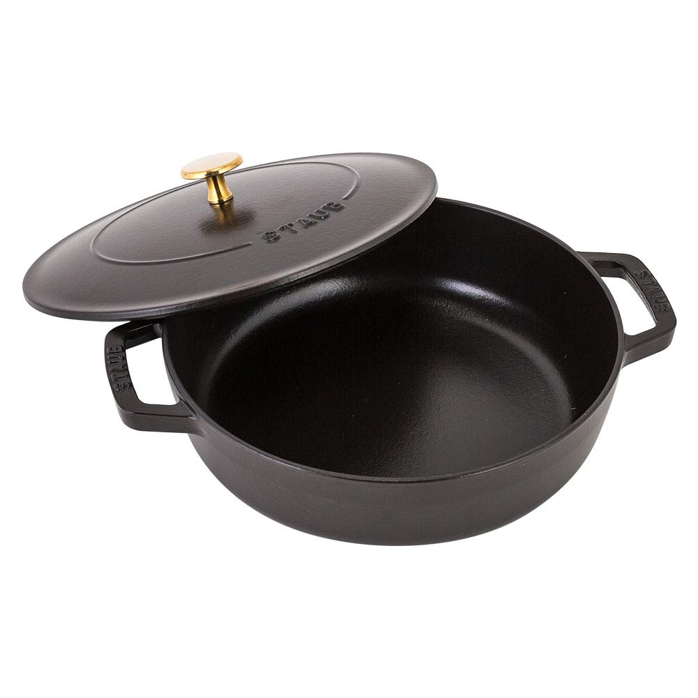 Staub Braiser Saute Pan 24cm IH Compatible Enamel Pot Pot Stylish Heat Retention Black Braiser Drop Structure Round Black [Staub Pot] Two-Handed