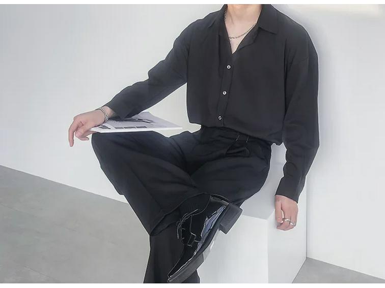 Retro Drapierung Grün & Weiß Eisseide Langarmhemd - Unisex, Koreanischer Stil, Lockere Passform