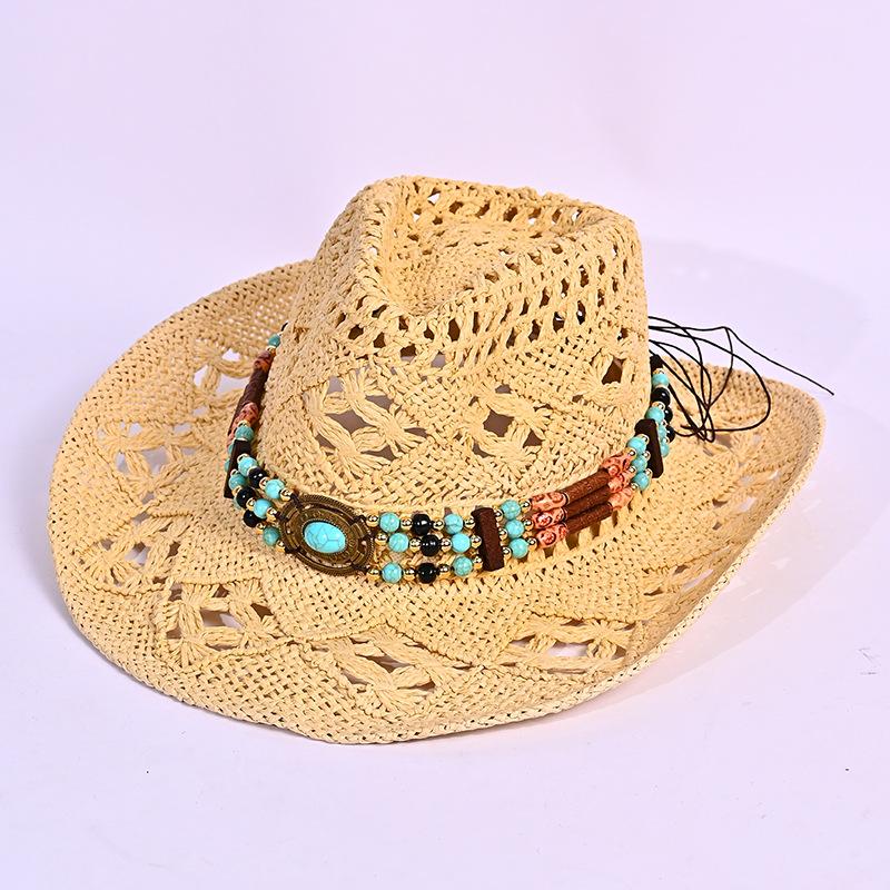 

Summer retro western cowboy hat children beaded hollow straw hat outdoor beach sun hat One Size