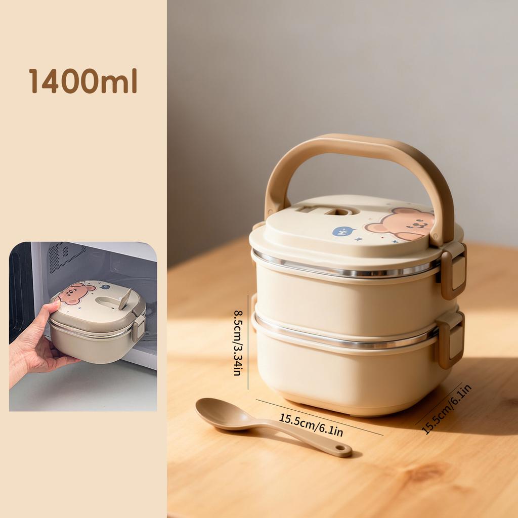 WORHTBUY Cute Square Insulated Food Container With Spoon Portable Large Capacity Stackable 304 Stainless Steel Lunch Box For Kid