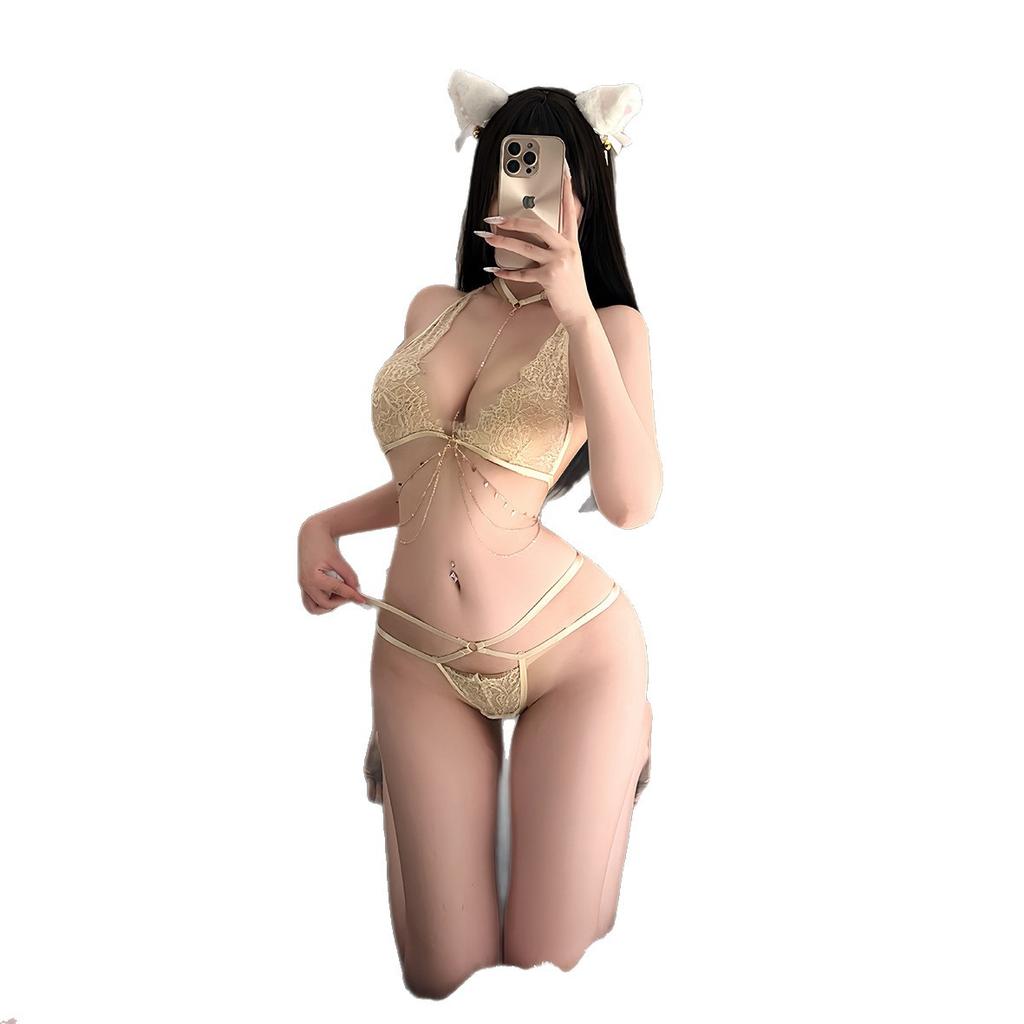 Rami heart vertical chain lace three-point bra panty set erotic underwear sexy pure desire naked buttocks A