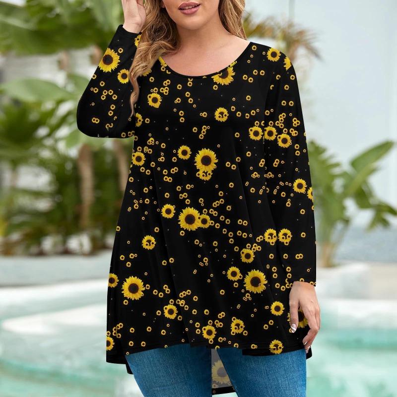 Moda pentru femei de marime mare, cu gât rotund, cu mâneci lungi, imprimeu lejer, cu pulover, tricouri pentru femei