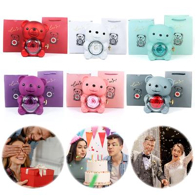 Preserved Rose Gift Box with Gift Bag Bear Hug Eternal Rose Gifts Rotating Bear Rose Jewelry Box for Mothers Day