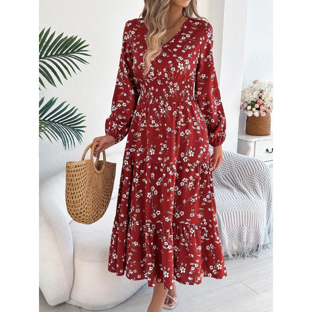 Robes Femme Mode Élégantes Florales Col V Manches Longues Taille Volants A-Ligne