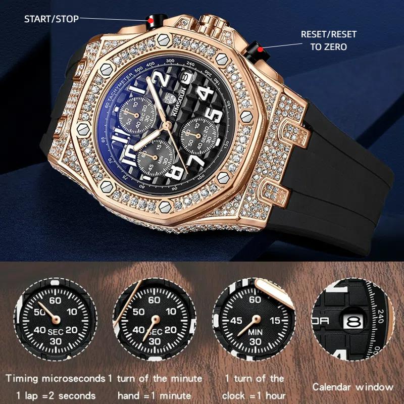 KIMSDUN Herren-Quarzuhr mit drei Augen und sechs Zeigern, diamantbesetztem Kalenderzifferblatt, leuchtend, wasserdicht, Herrenuhr