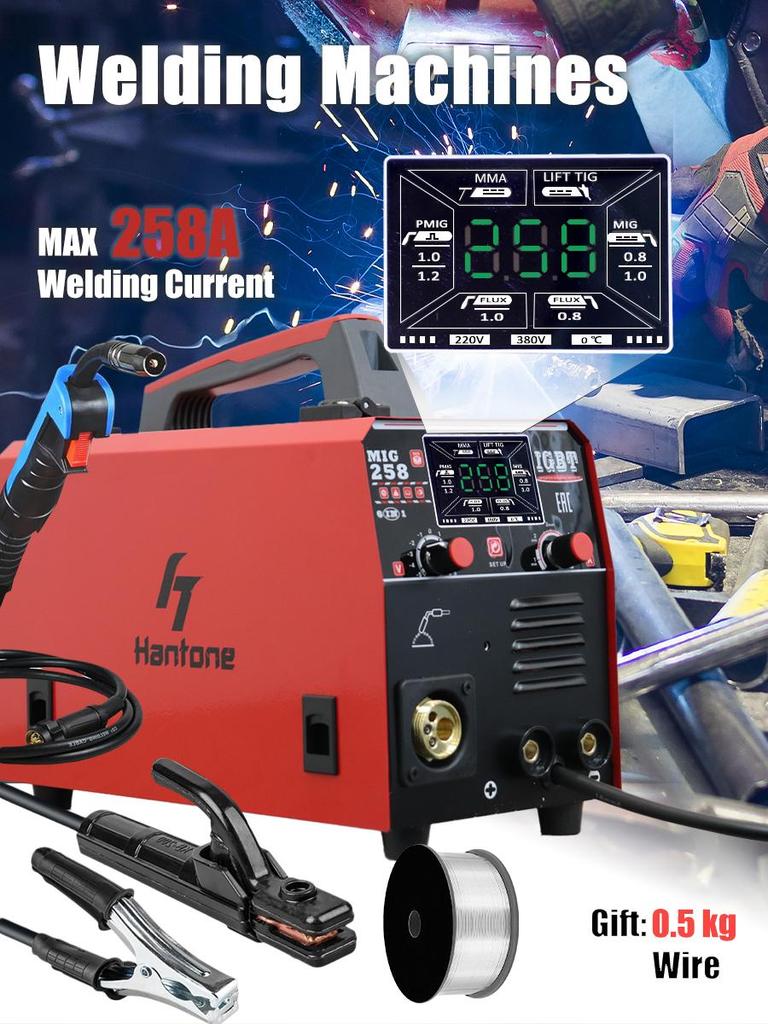 ARC MMA/Gas Mig/Gasless Mig/Lift Tig Multi-Process Inverter Welder Semi-Automatic 258A Welding Machine 1/5 Kg Wire Tools