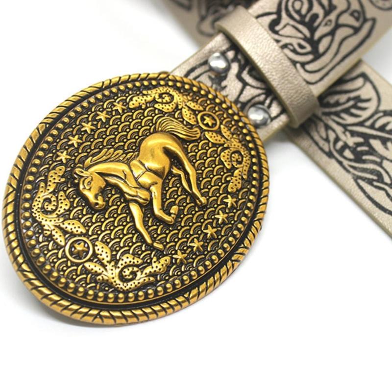 Floral Engraved PU Belt for Jeans Women Vintage Horse Pattern Buckle Waist Belt