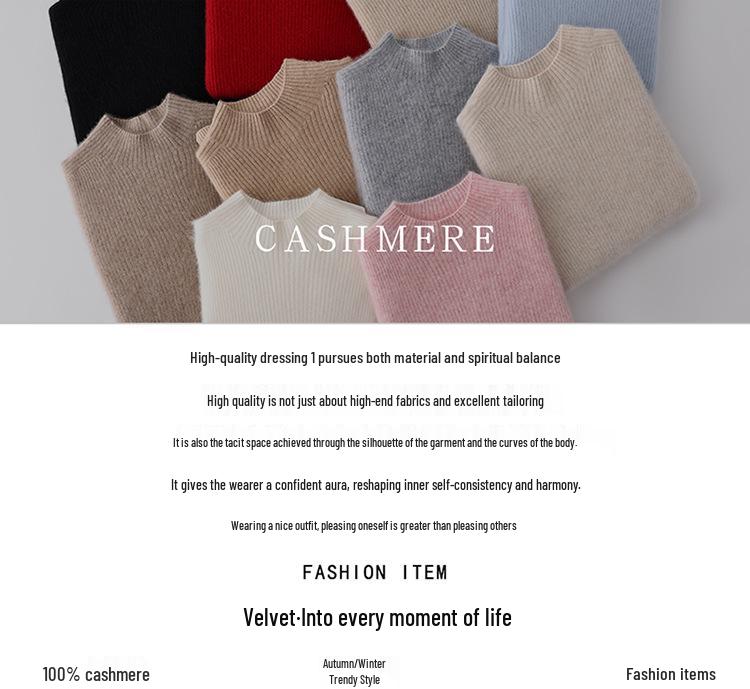 Elegant Slim Fit Women's Pure Cashmere Sweater - 2026 Autumn/Winter Half-High Neck Ribbed Base Layer