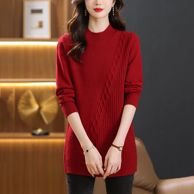 Pull d'automne pour femmes, couleur unie, ample, mi-long, col montant, tricoté uni, pull de base