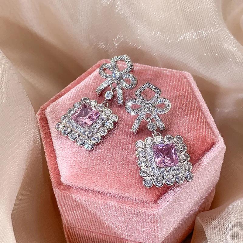 New Elegant Pink Pendant Bow Drop Sterling Silver Earrings Crystal Zircon Ladies Earrings Silver