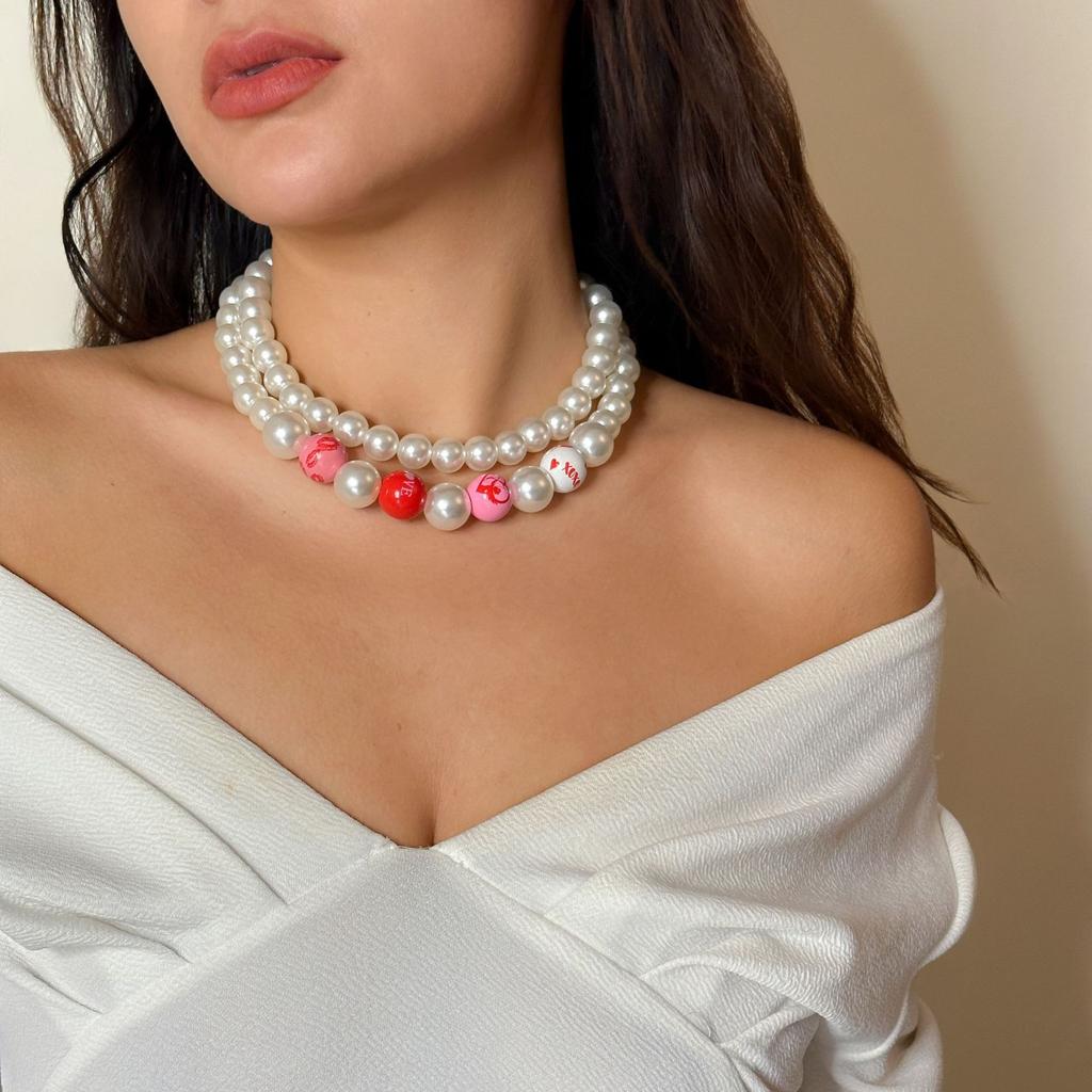 Green Element Necklace, Personalized Color Beaded Imitation Pearl Love Valentine'S Neck