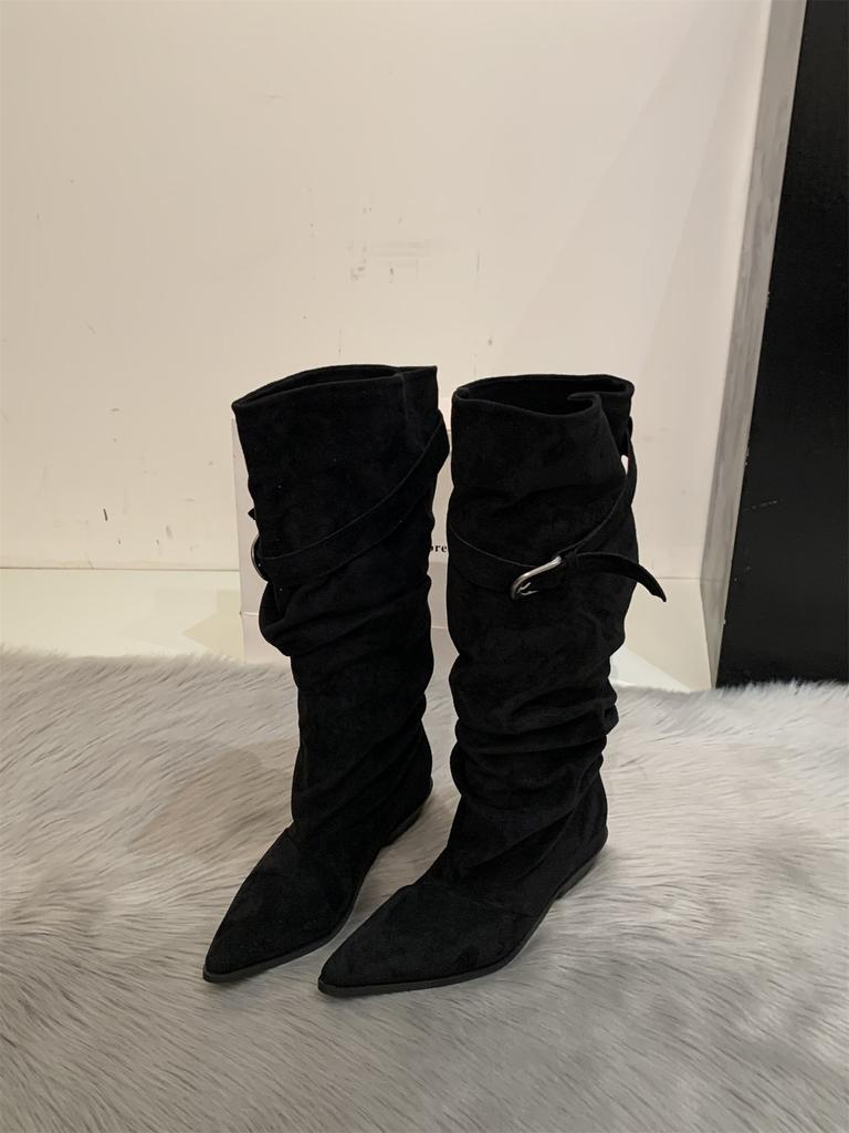 ~ Retro pointed thick heel knight boots women's new belt buckle western pleated long tube stacking boots