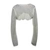 Women Crop Top Rhinestone Decor Hollow Out Short See-through Long Sleeve Round Neck Waist-exposed Clubwear Party Top