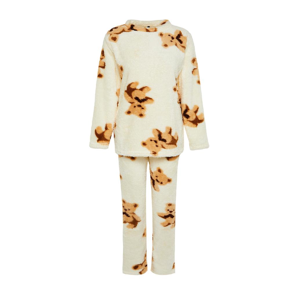 Set de pijama tricotat cu pantaloni-tricou Wellsoft, ecru, multicolor, ursuleț de pluș Thmaw24pt00191