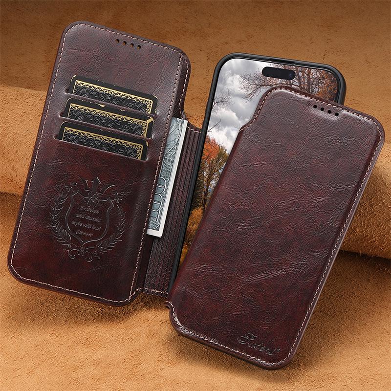 Magnetische Klapp-Brieftaschenhülle für iPhone 12/13 - Ölwachs-Leder, Magnetisches Laden, Kompatibel mit Apple 16/17 Pro Max