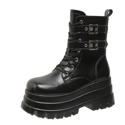 Schwarze Herbst Damen Punk Style Plateau Stiefeletten Dicke Sohle Leder Motorradstiefel 9CM Klobige Metallschnalle Kurze Stiefel Frau
