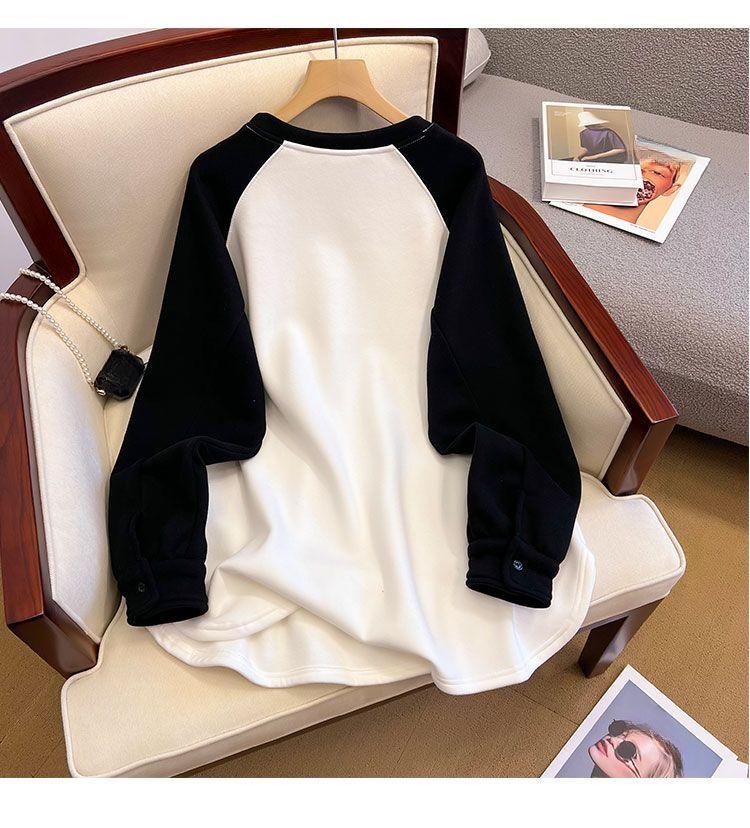 Plus Size Women's Spring Autumn Fleece-Lined Thickened Sweatshirt Loose Korean Tops Long Sleeve Casual Hoodie T-shirts