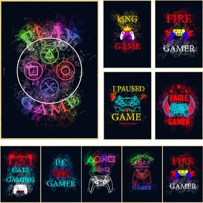 Efekt neonowy Gamer King zagraj w grę Gamepad plakat i wydruk na płótnie malarstwo gry do gier Wall Art dla chłopca pokój dziecięcy dekoracja wnętrz