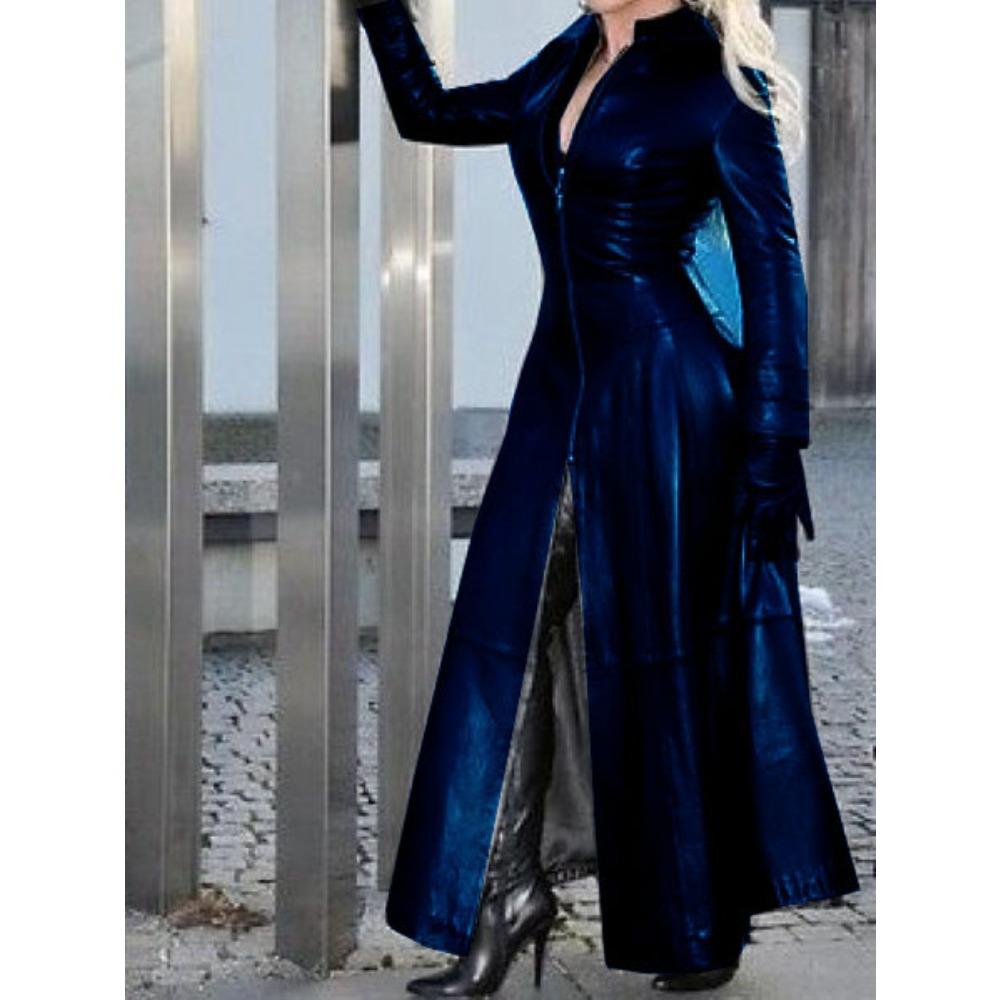 Women's Long Sleeve Faux Leather Maxi Coat Slim Fit Zip Up V Neck Elegant Commuter Trench Overcoat For Fall Winter