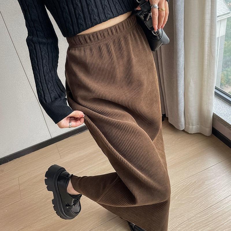 High waist slim hip skirt corduroy split fork medium and long brown skirt women Casual Daily Commuter Soft Corduroy High Waist Long Skirt