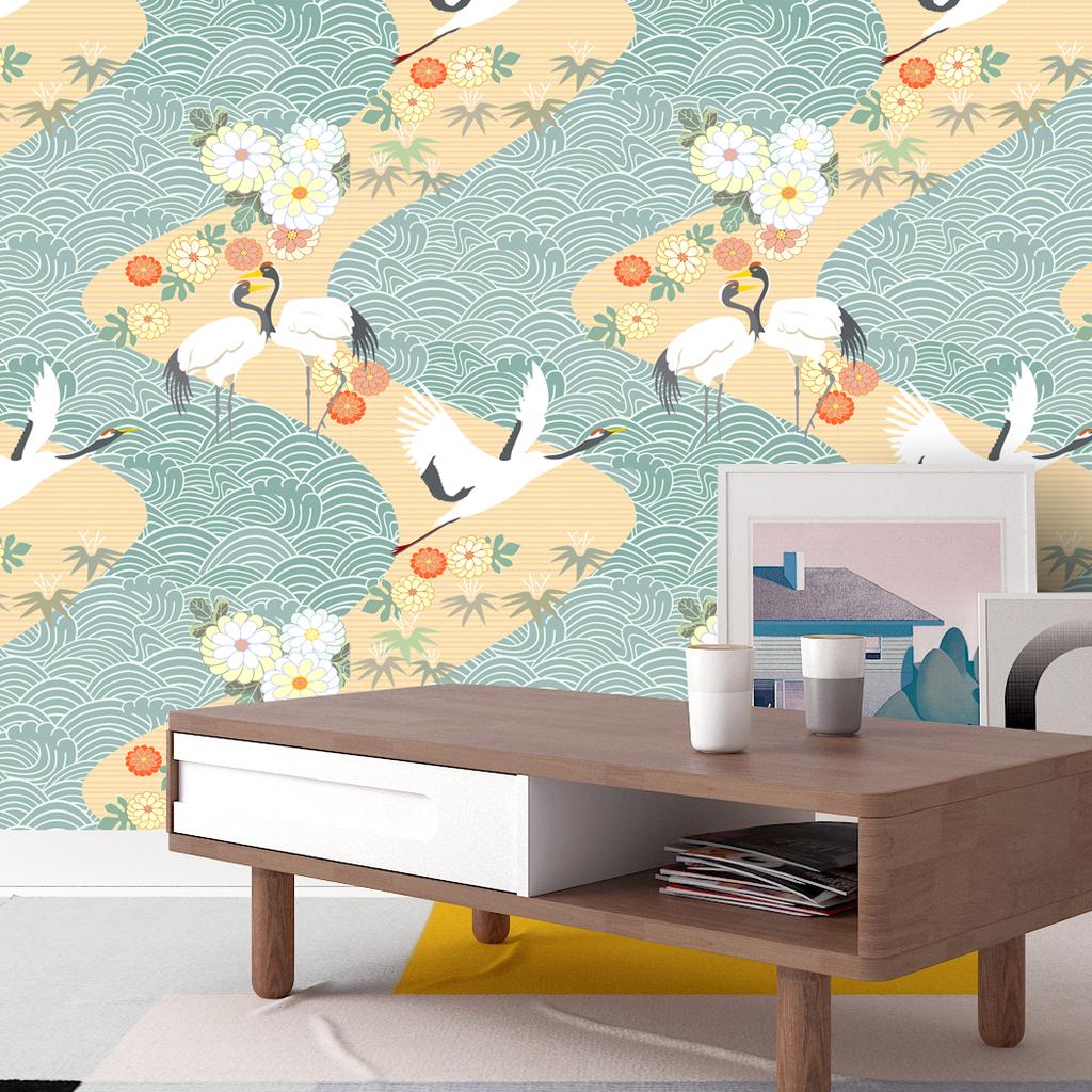 Daisy Crane Blue Waves Peel and Stick Removable Wall Mural Self-Adhesive Prepasted Wallpaper for Bedroom Home Decor Handpainting