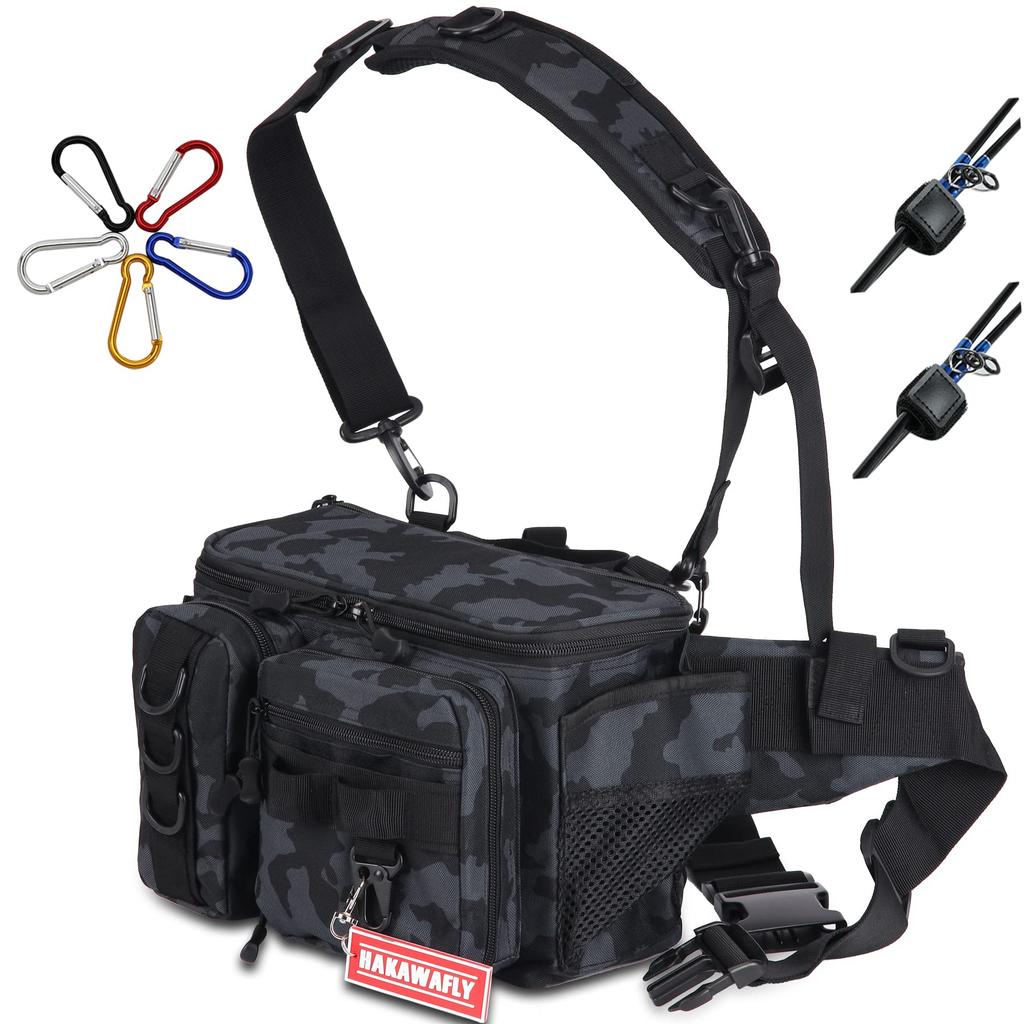 HAKAWAFLY Fishing Large Waist Wide Fishing Tackle Waterproof Hip or Left Shoulder Includes 2 Rod Holders and 5 Carabiners Bag, Wide-Mouth, Capacity,