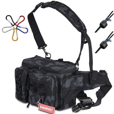 HAKAWAFLY Fishing Große Hüfttasche Breite Angeltasche Wasserdicht Hüfte oder Linke Schulter Enthält 2 Rutenhalter und 5 Karabiner Tasche, Weitmund, Kapazität,