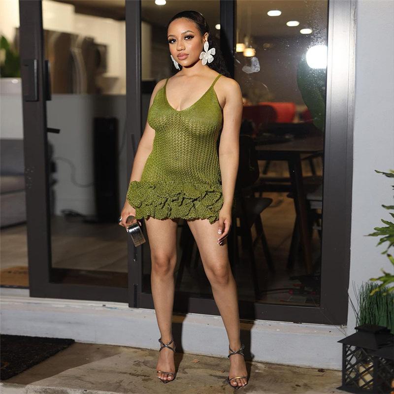 Rare puss strikket damekjole Sexy hottie grime gjennomsiktig plissert kant Dyp V-hals ryggløs, ermeløs midnatt klubbklær Høyt midjet blomsterkapselkjole