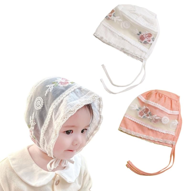 Girls Christening Lace Hat Baby Girls Bonnet Sun Cap Breathable Summer Hat Vintage Princess-Headdress Little Girl Beanie