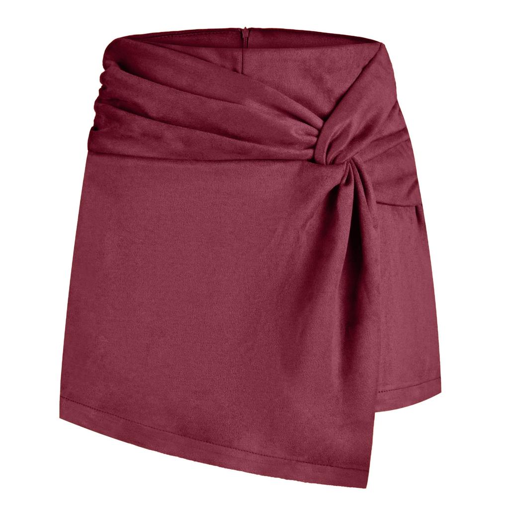 Suede Solid Color Buttocks Wrapped Skirt Pleated Irregular Zippered Short Skirt for Women's Clothing