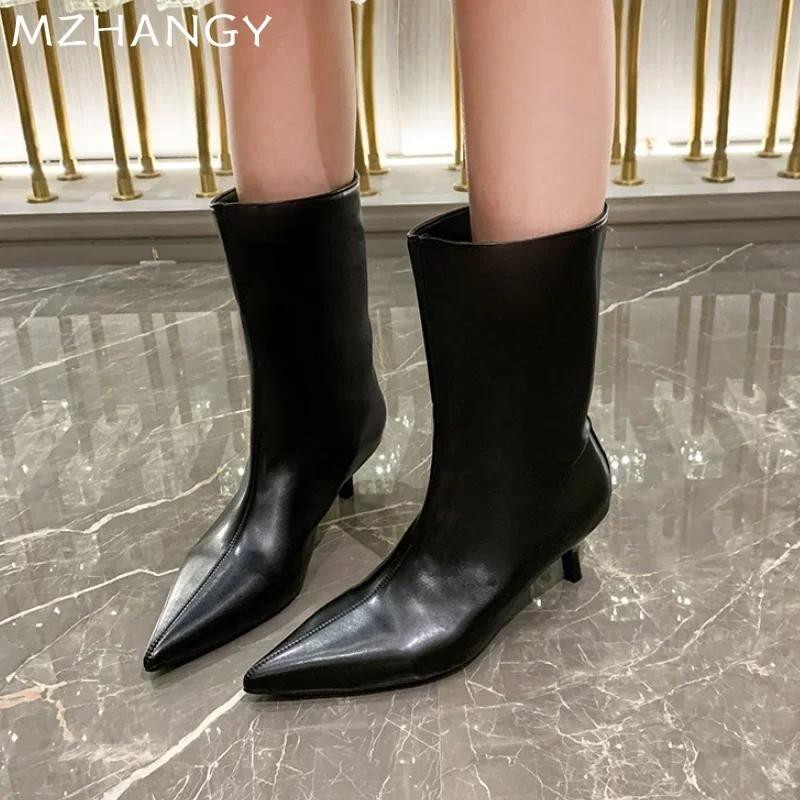 fashion Women Leather Chelsea Boots Pointed Toe Sexy Heels Shoes Mid Calf 2024 Trend New Snow Boots Low Heels Goth Fashion Mujer Botas
