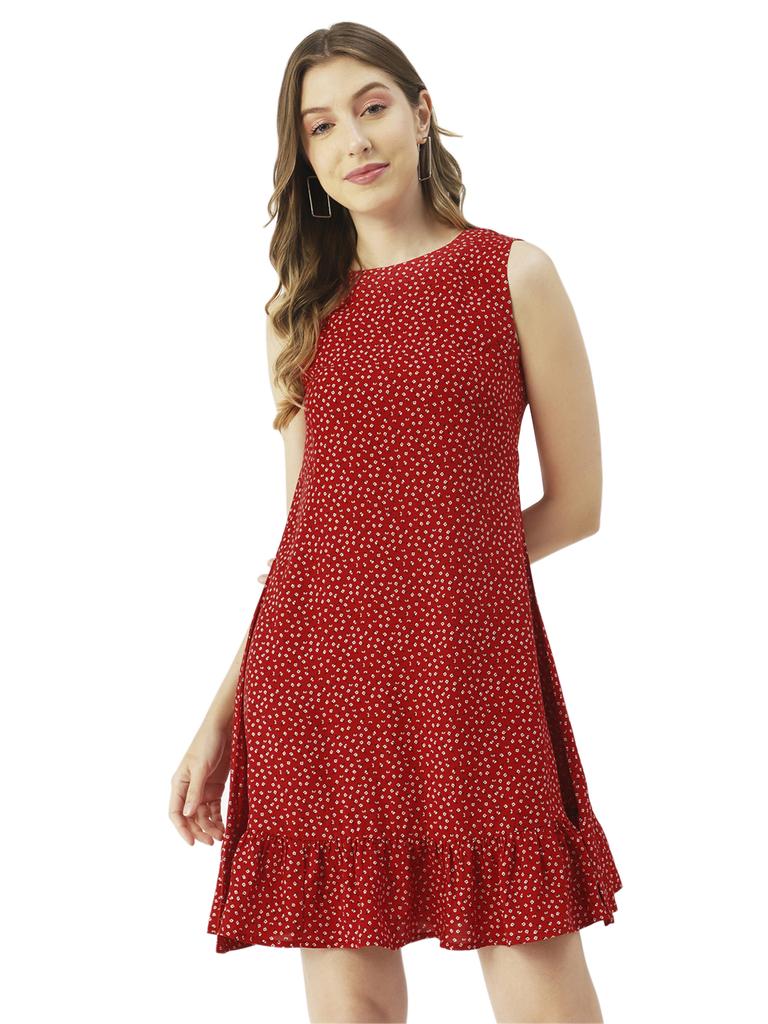Moomaya Women  S Printed Short Dress, Sleeveless Frilled Hem Round Neck Mini