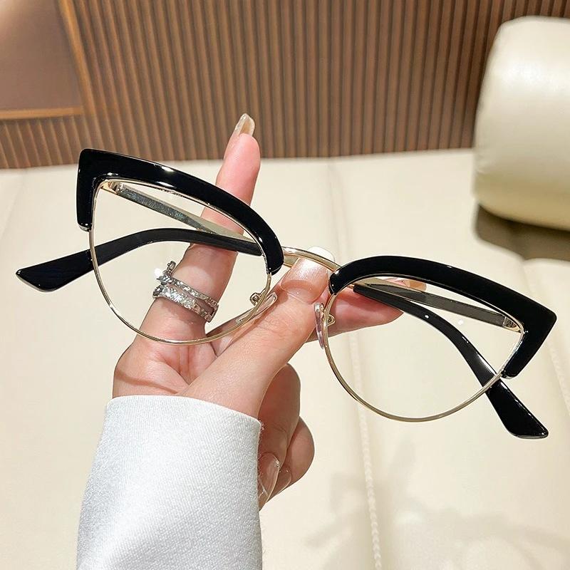 Retro Cat Eye Presbyopia Glasses Fashion Metal Half Frame Anti-blue Light HD Reading Glasses Women's Eyepieces Men's Goggles