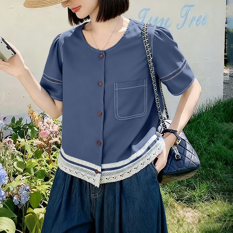 ZANZEA Damen Lässige Rundhals Sommer Kurzarm Spitze Patchwork Bluse