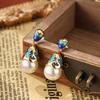 1 Pair Vintage Elegant Women's Enamel Earrings - Turquoise Blue & Golden Antique Imitation -like Drop Dangle Earrings with Ornate Chinese/-Inspired Mo