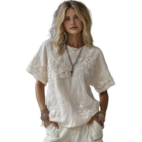 Women Tops Round Neck Short Sleeve Retro Floral Art Print Pullover Tops Loose Fit Soft Fabric Casual Summer Shirt