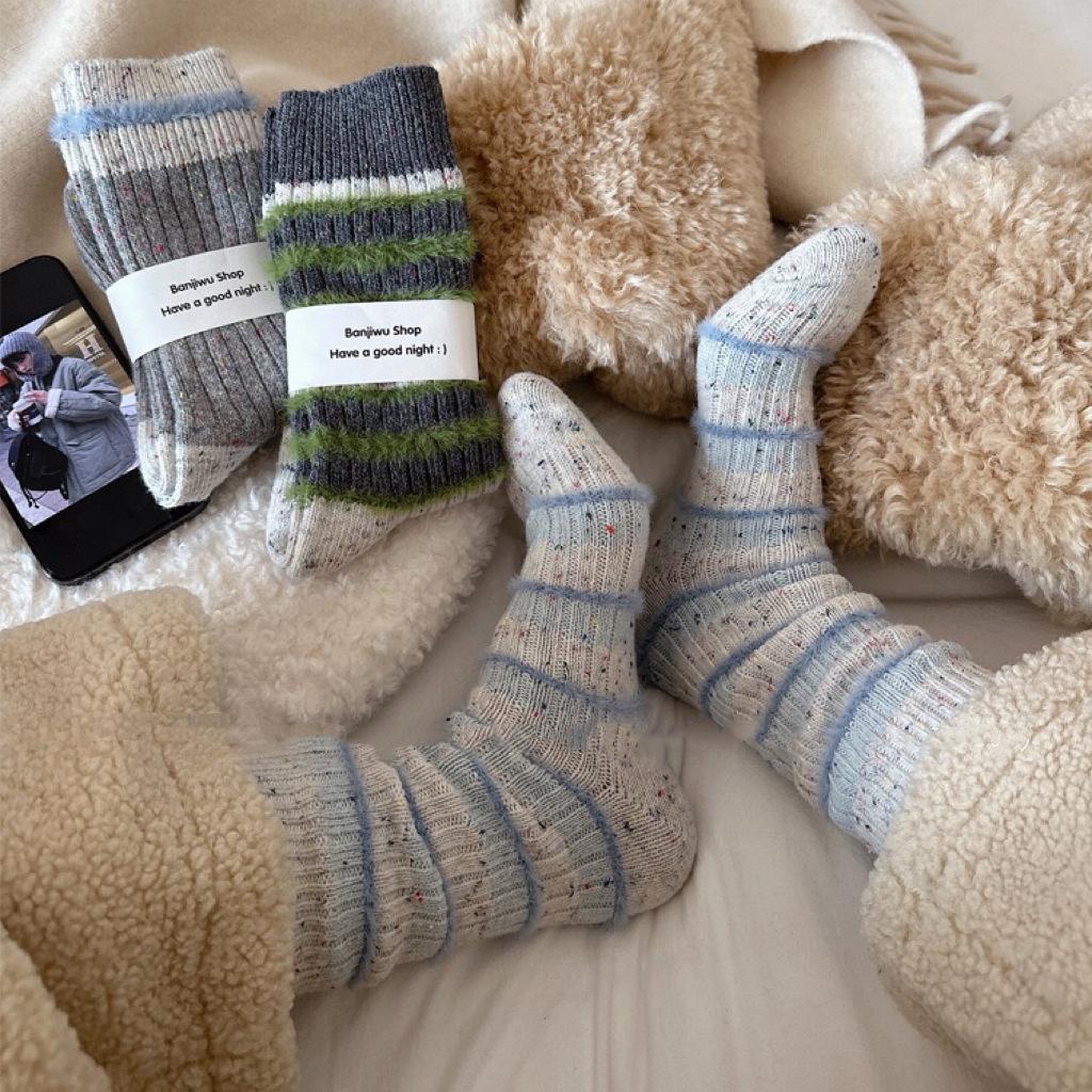 1 pár Podzim Zima Hrubé Teplé Roztomilé Dámské Ponožky Bavlna Korejská Vlna Proužek Designové Ponožky Střední Délky Kawaii Ležérní Harajuku Dámské Ponožky