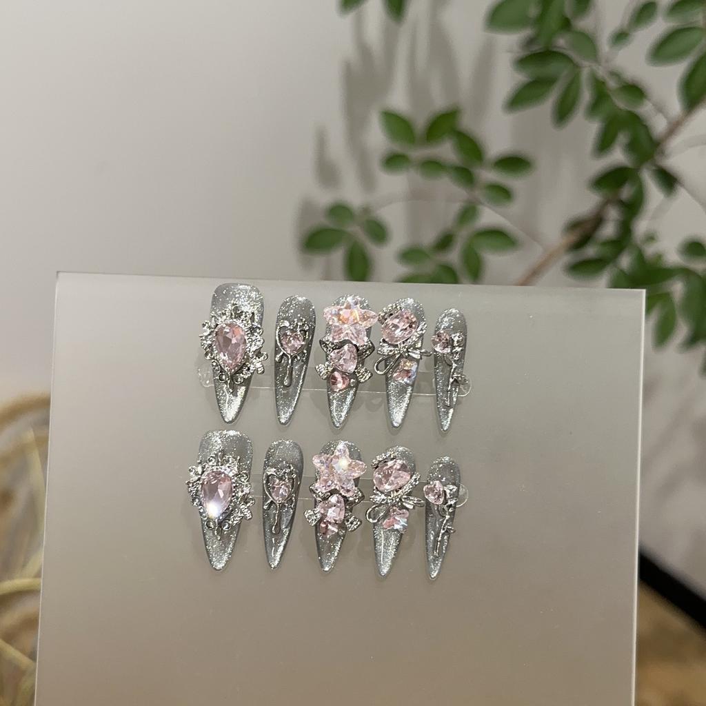 1set of High-end Transparent Black and Silver Cat's Eye Long Nail Art Tablets, Heavy Industry Pink Diamond Long Pointed Fake Nail Patches