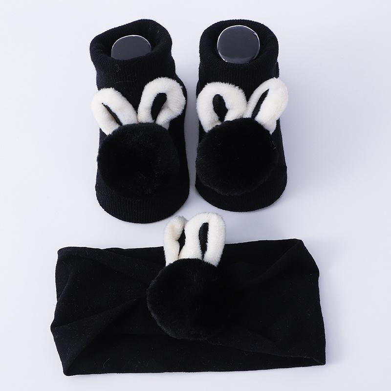 Детские носки и повязка на голову, нескользящие хлопковые носки для младенцев, носки с рисунком в виде шариков из волос и ушек кролика для девочек M
