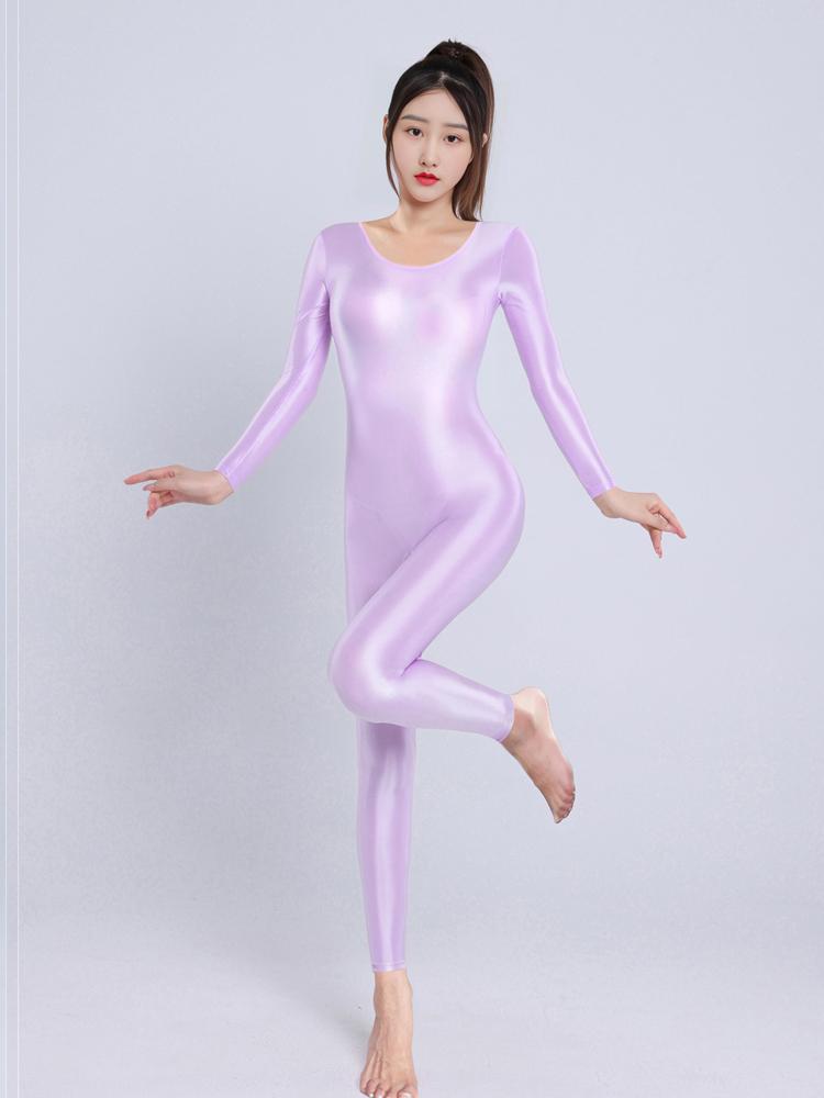 Sexy Women Yoga Shaper Dance Wear Oil Glossy Shiny Elastic Bodysuit Sheer See Through Satin Shapping Maid Tights Candy Color
