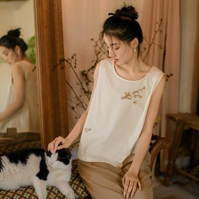 Women Tank Tops Embroidery Floral O-Neck Solid Color Summer Chinese Style Soft Women Tank Tops