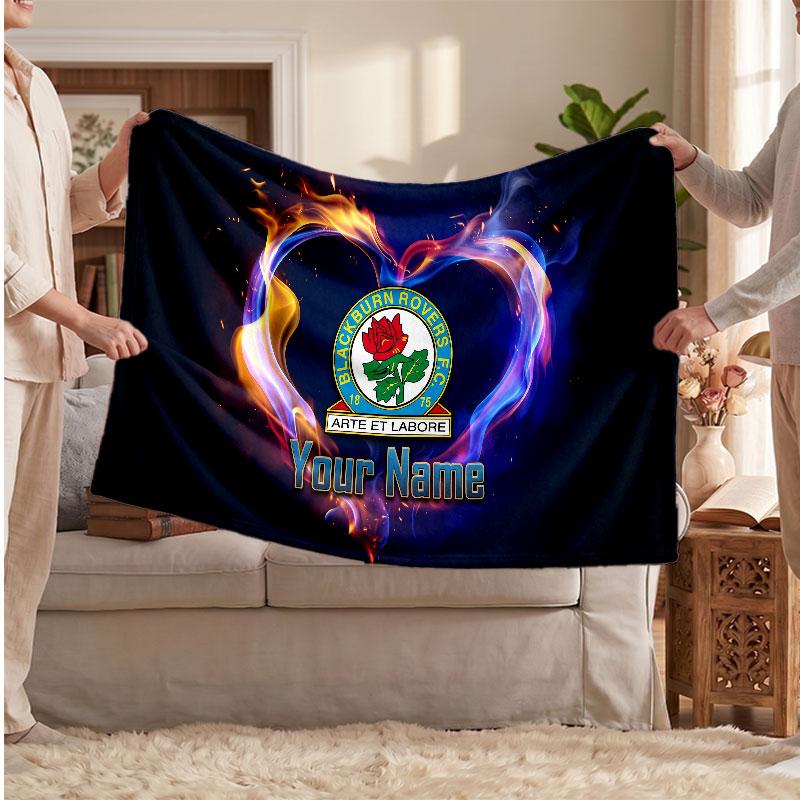 Blackburn Rovers FC Personalized Fleece Blanket With Football Logo, Custom Name Text Soft Warm Home Throw Blanket