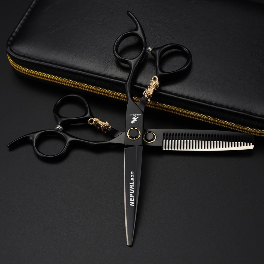 6.0 Inch Nimpson, Lacquered Black Bearing Screws, Flat Scissors, Hair Scissors, Straight Scissors, Tooth Scissors, Small Golden Tiger