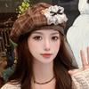 Autumn retro plaid beret bear bow octagonal hat showing face little painter hat woman