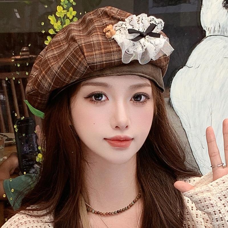 Autumn retro plaid beret bear bow octagonal hat showing face little painter hat woman