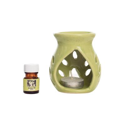 Aroma Set, Green Aroma Burner with Jasmine Aroma Oil and 4 Tea Light Candles Set,