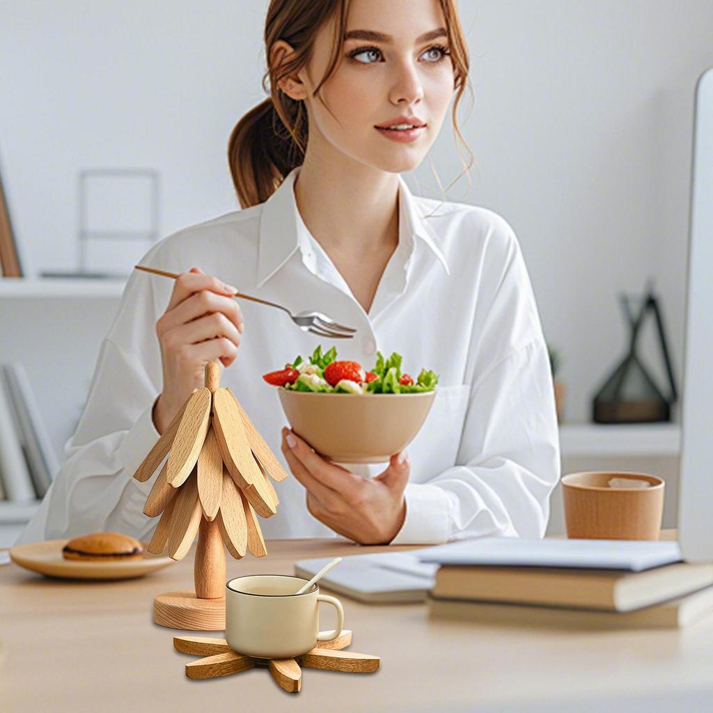 4 Tripods and 1 Bracket Wooden Trivets for Hot Dishes Folding Tree Shape Black Walnut Table Mat Holders Heat Insulated Pad Set